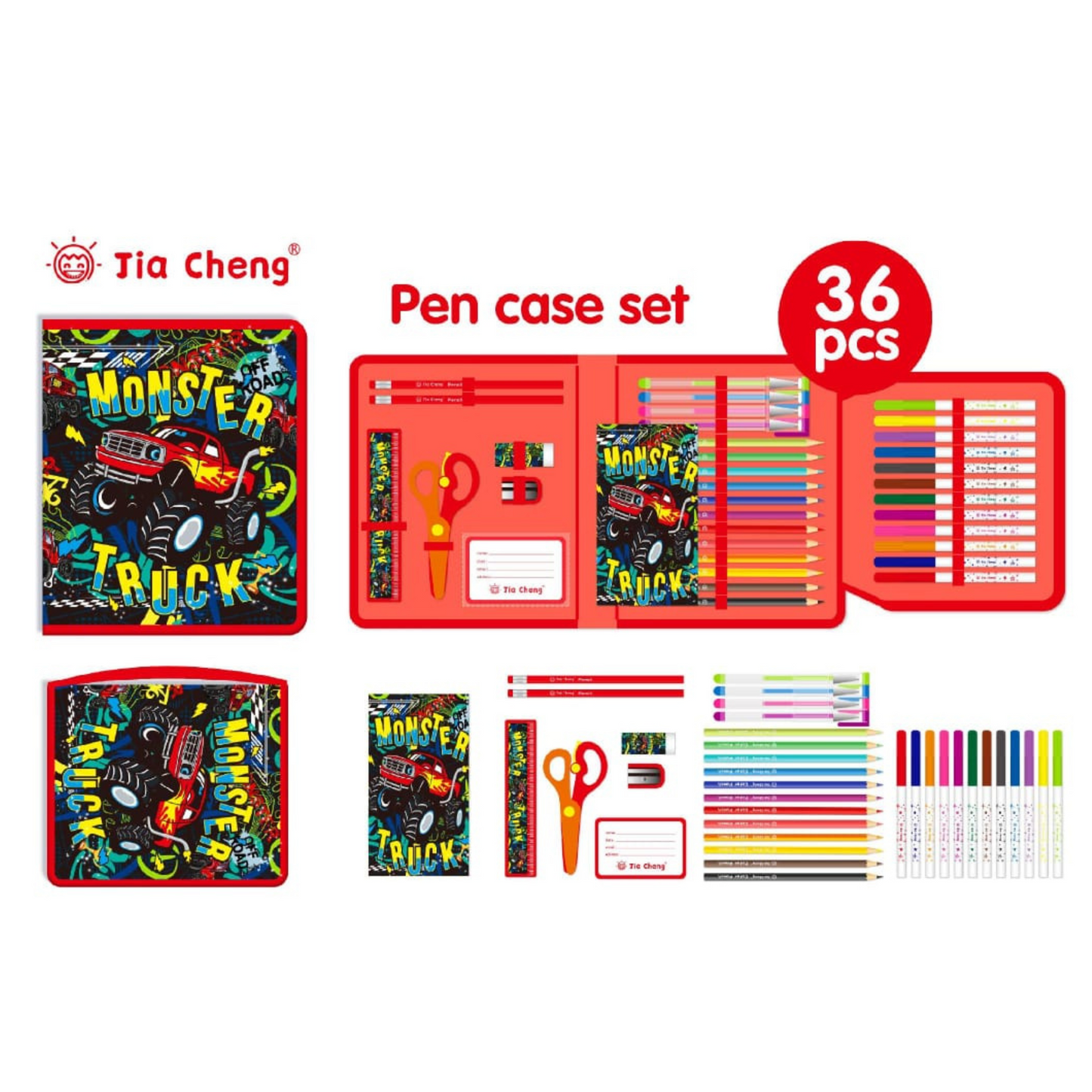 Multiple Hub | Themed Pencil Case & 36 Pcs Art Kit for Kids – Dino, Mermaid, Soccer, Monster Truck, Space (Assorted Designs)