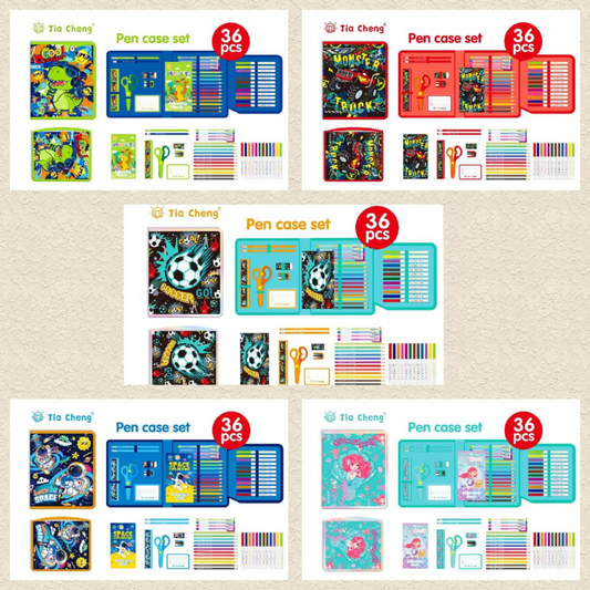Multiple Hub | Themed Pencil Case & 36 Pcs Art Kit for Kids – Dino, Mermaid, Soccer, Monster Truck, Space (Assorted Designs)