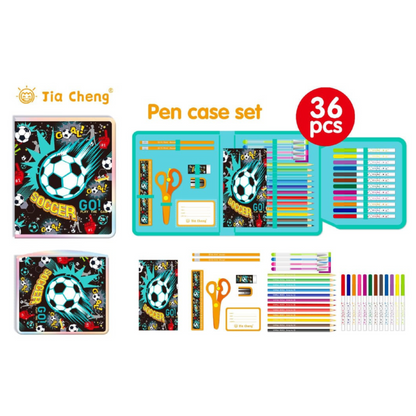 Multiple Hub | Themed Pencil Case & 36 Pcs Art Kit for Kids – Dino, Mermaid, Soccer, Monster Truck, Space (Assorted Designs)